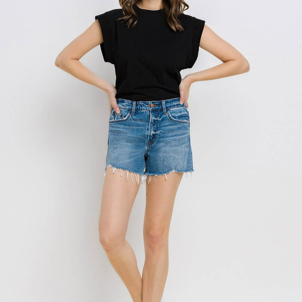 NWT Vervet by Flying Monkey High Rise Distressed Hem A-Line Shorts In Swan River - Picture 3 of 11